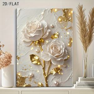 TEMU 2D/FLAT, 크리스마스 선물, 펄 비즈와 금색 잎이 있는 질감 있는 꽃이 특징인 우아한 흰색 장미 캔버스 아트 - 사실적인 레리프 효과, 가정 벽 장식, 침실, 거실, 사무실 및 식당에 적합, 실내/실외 사용