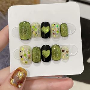 TEMU 10개 고급 그린 캣아이 하트 핸드메이드 인조 네일, 짧은 그린 네일 장식 패치