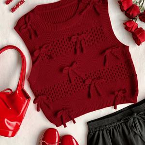 TEMU 여성용 고양이 귀 속이 빈 코바늘 조끼 스웨터 | 귀여운 나비 패턴, 크루넥, 올 시즌, 주말 캐주얼