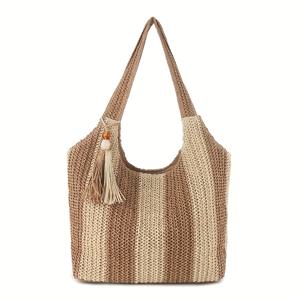 TEMU 우아한 카키 & 브라운 프린지 비즈 장식 토트백 - 다용도 멀티컴파트먼트 디자인, 내구성 있는 종이 소재 & 지퍼 클로저, 휴가·해변·쇼핑·일상 사용