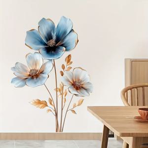 TEMU 워터컬러 플라워 벽 스티커 - 자체 접착 재사용 타일 스티커, 블루 & 골든 플로럴 아트, 고품질 플라스틱, 1밀 얇은 두께, 불규칙한 모양, 침실, 거실, 사무실, 현관 장식용 - 쉬운 부착 홈 데코, 꽃 방 꾸미기, 내구성 있는 플라스틱 데칼, 침실 인테리어, DIY 장식