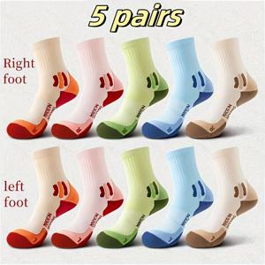 TEMU 여성용 스포츠 양말 5켤레, 미끄럼 방지, 미드 카프 길이, 야외 하이킹, 프로 런닝, 마라톤에 적합, 수건 밑단, 배드민턴 및 농구용.