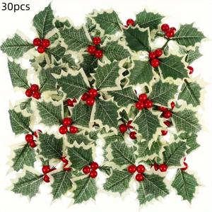TEMU 30개 인공 홀리 베리즈와 그린 리프 - 리얼리스틱 플라스틱 크리스마스 장식, 화환, 케이크 토퍼, DIY 공예, 웨딩 아레인지먼트 & 스크랩북킹용, 내구성 있는 디자인
