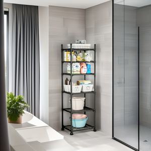 TEMU 조절 가능한 스토리지 선반 - 바퀴 달린 튼튼한 철제 프레임, 욕실·세탁실·거실 정리용 다층 선반 - 블랙 마감 공간 절약형 랙, 세련된 모던 디자인, 내구성 강한 금속 구조|화장실선반