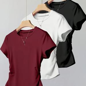 TEMU 3pcs 여성 캐주얼 반팔 티셔츠 - 사이드 러칭 & 신축성 허리밴드, 통기성 좋은 기계 세탁 가능 솔리드 컬러 여름 상의, 사무실 및 출근복, 귀여운 티셔츠, 베이직 스타일, 스트레치 소재, 편안한 핏, 가벼운 블라우스, 패션 애호가용 디자인