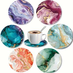 TEMU 6팩 재활용 목재 코스터 - 파란색, 녹색, 분홍색 & 금색 무늬의 화려한 대리석 아트, 열에 강하고 미끄럼 방지 표면 보호대, 패티오/주방/거실 카페 장식용 - 친구와 가족을 위한 독특한 선물, 나무 공예품, 주방 액세서리, 예술적 코스터