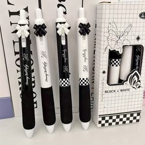 TEMU 세련된 블랙 앤 화이트 나비 핑크 젤 펜 4개 세트 (0.5mm 가는 검정 잉크, 속건성 젤 잉크 펜), 입체적인 리본 디자인과 편안한 스펀지 그립 특징, 학생 시험 및 사무실 노트에 적합.