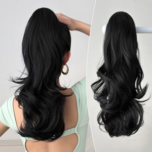 TEMU 내열 합성 섬유 클로우 모양 포니테일 가발 - 18인치 블랙 컬리 웨이브 클립인 익스텐션, 모든 인종을 위한 자연스러운 데이리 헤어 액세서리, 볼륨감 있는 곱슬머리, 미용 애호가 및 패션 팬을 위한 빠른 스타일링