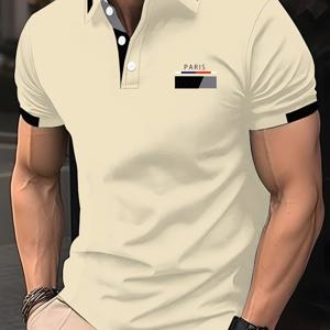 TEMU 여름 남성 파리 폴로 셔츠, 대비 컬러 프린트, 패션 베이직 캐주얼 칼라 반팔 티셔츠, 데일리 워크웨어