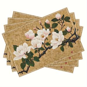 TEMU 4개 세트, 목련 민화 한국 전통 예술 식탁 매트, 패션 프린트 패턴 테이블 매트, 다이닝 테이블, 주방, 파티, 실내용, 휴일, 저녁 모임 및 홈 데코 (12x18 인치 YACR7937)