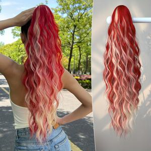 TEMU 유술락스 클로우 쉐이프 포니테일 익스텐션 가발 - 24인치 워터 웨이브 내열 합성머리, 옴브레 레드 투 핑크/화이트 그라데이션, 여성용 안전한 클립온, 다용도 헤어피스, 편안한 착용감