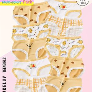 TEMU 7개 랜덤 멀티컬러 여아용 귀여운 만화 패턴 삼각 팬티, 편안한 미드 웨이스트 탄성 소프트 통기성 러플 엣지 십대 속옷, 십대용