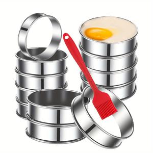 TEMU 13개 세트, 1개의 오일 브러시와 12개의 영어 머핀 링 8cm 브레드 링, 스테인리스 스틸 더블 롤 타르타레 링, 라운드 메탈 베이킹 페이스트리 링 베이킹 몰드