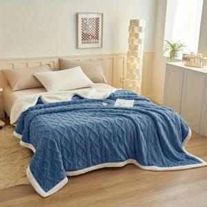 TEMU 1개 대형 킹/퀸 사이즈 침대 커버 - 내구성 강한 사계절용 럭셔리 플리스, 세탁기 사용 가능한 부드러운 보온 담요 (블루 & 화이트), 현대적인 침실 장식용, 커플을 위한 이상적인 선물, 우아한 침실 스타일