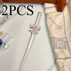 TEMU 2개 재사용 가능한 리본 유리 빨대, 20cm/7.87인치 고품질 유리 소재 리본 장식, 오렌지 주스, 밀크티, 파티 데코 및 홈 선물용