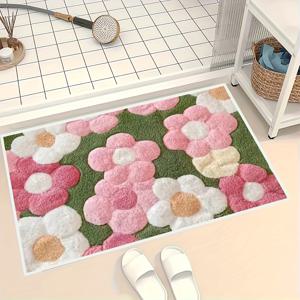 TEMU 핑크 플로럴 패턴 고급 벨벳 매트, 엠보싱 미끄럼 방지 백킹, 1000g/m² 무게, 손세탁 전용. 거실 및 침실 장식용, 편안한 폴리에스터 도어매트, 야외 러그, 침대 옆 매트, 소파 매트, 욕실 주방 복도 세탁실 놀이방용, 색상 유지, 빨래 가능, 털 빠짐 없음, 부드럽고 미끄럼 방지 홈 크리 에이 티브 헤드맷