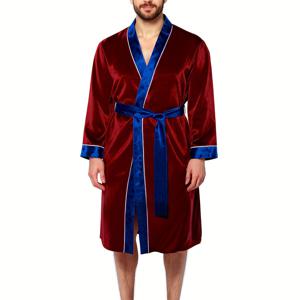 TEMU 남성 & 여성 고급 플러시 벨벳 & 새틴 로브 - 우아한 딥 레드 & 네이비 대비 트림, 조절 가능한 벨트가 있는 벨트 허리, 긴소매 V넥 목욕 로브 (가정용), 남성용 목욕 로브, 여성용 목욕 로브, 남성 목욕 로브, 여성 목욕 로브, 스파|샤워가운