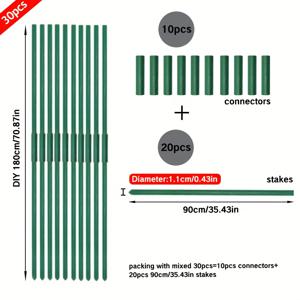 TEMU DIY 180cm 70.8인치 녹색 정원 식물 지지대 및 연결 키트 30개 DIY 금속 정원 식물 지지대 스테이크 및 커넥터 키트 11mm 직경 녹 방지 재사용 가능한 PE 코팅 금속 코어 야채 과일 덩굴 식물에 적합