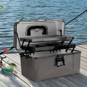 TEMU 투명한 검정색 태클 박스 (3단, 잠금 클립 포함). 미끼 및 낚시 장비 정리를 위한 다양한 칸막이가 특징이며, 캠핑, 호수변 나들이 및 야외 낚시에 적합합니다. 세련된 디자인과 안전한 잠금 장치가 특징입니다.