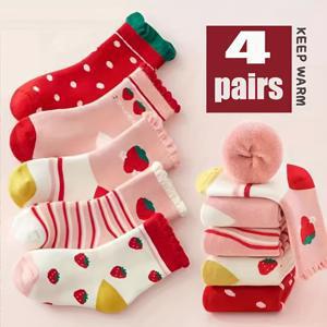 TEMU 여아용 만화 딸기 두꺼운 따뜻한 중간 길이 양말 4켤레
