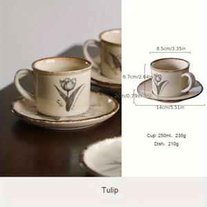 TEMU 도자기 커피컵과 접시 세트, 레트로 플로럴 영국 스타일 티컵, 고품질 녹차 또는 말차용, 가정, 식당, 파티, 거실, 사무실 또는 차방 사용에 이상적