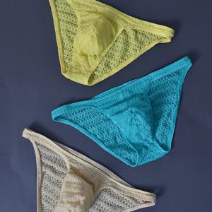 TEMU 3pcs 남성용 투명 레이스 브리프 - 하이 스트레치, 단색 섹시한 란제리, 노란색, 터쿼즈 및 베이지, 편안하고 통기성이 뛰어난 캐주얼 의상, 란제리 착용, 하이 재질