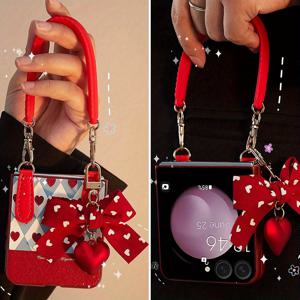 TEMU 삼성 갤럭시 Z 플립 7/6/5G용 하트 PU 가죽 케이스, 하트 리본 장식 & 하드 PC 백플레이트 충격 방지 보호 폰 커버|폰케이스