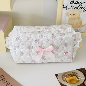 TEMU 대용량 꽃무늬 레이스 리본 동전 지갑 - 동전, 현금 및 작은 물건을 위한 휴대용 지퍼 포켓, 흰색으로 핑크 리본 액센트가 있는 가벼우며 접을 수 있는 일상적인 사용을 위한 휴대용 지갑, 데이 선물 아이디어, 귀여운 지갑, 일상용 액세서리, 우아한 액세서리, 내구성 있는 지퍼 클로저