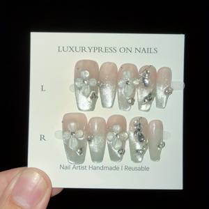 TEMU 10개 고급스러운 프렌치네일, 해변의 아이스플라워 3D 핸드페인팅 리빙소재 수제 가짜손톱 - 순수하고 감각적인 디자인으로 바닷가 휴가와 사진촬영에 완벽한|네일