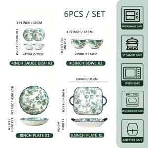 TEMU 6피스 장미 핸드페인팅 세라믹 식기 세트, 샐러드 볼, 오트밀 볼, 과일 접시, 디너 플레이트, 야채 접시, 스테이크 접시, 서빙 플레이트 포함, 전자레인지/오븐/식기세척기 사용 가능|전자레인지|식기세척기|식기세척기