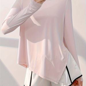 TEMU 여성용 아이스 실키 나일론 긴팔 요가 탑 - 통기성 쿨 스트레치 원단, 루즈 스플릿 비대칭 디자인, 비침투 사계절 운동 & 캐주얼 스포츠웨어, 편안한 핏, 고신축 소재, 짐복, 여성용 스포티 블라우스