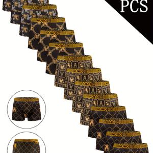 TEMU 14개 세트 럭셔리 블랙 골드 프린팅 미디 웨이스트 플랫 앵글 팬티, 부드럽고 통기성 좋은 신축성 스포츠 반바지 - 일상 및 러닝 운동용 남성용 사각형 속옷, 다양한 활동에 적합