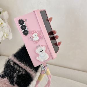 TEMU 핑크 피부 느낌 케이스, 힌지 + 핑크 개 + 귀여운 3D 접이식 스탠드 + 삼성 갤럭시 Z Fold 7, 갤럭시 Z Fold 6, 갤럭시 Z Fold 5, 갤럭시 Z Fold 4, 갤럭시 Z Fold 3용 수납 스트랩