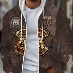 TEMU 남성용 긴팔 지퍼업 스포츠 재킷 (재질로 제작), 클래식 라우트 66 디자인 및 후드 특징. 아웃도어 활동 및 일상 사용에 적합하며 남녀 모두를 위한 스타일과 편안함을 결합하고 있습니다. 가을 및 겨울에 캐주얼한 핏을 제공합니다.