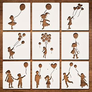 TEMU 9pcs 재사용 가능한 풍선 소녀 스텐치 - 6인치 하트 모양 디자인 DIY 페인팅, 벽 예술, 가구, 나무 표지, 캔버스 공예 및 홈 데코 프로젝트, 공예 스텐치 | 재미있는 디자인 | 내구성 있는 플라스틱