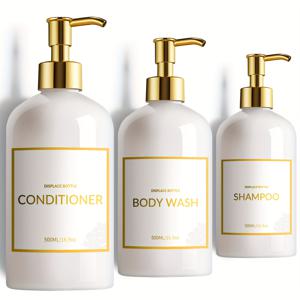 TEMU 흰색 또는 검은색의 리필형 샴푸 및 컨디셔너 병 3개 세트. 바디워시로도 적합하며 펌프와 방수 라벨이 특징이며 각 병은 17온스(약 0.5리터)를 수납할 수 있습니다.