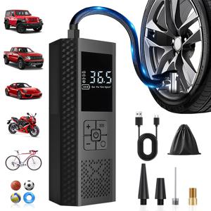 TEMU 휴대용 타이어 공기 주입기, 무선 에어 펌프, 3배 빠른 공기 주입 장치 (자동차, , 자전거, 스포츠 공에 적합), USB 충전식 리튬 배터리, LED 라이트, 정밀 압력 게이지가 있는 고출력 에어 컴프레서|전기자전거