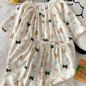 TEMU 만화 개아기 폴카 도트 프린트 여성 파자마 세트 여름 달콤하고 귀여운 홈 옷 라운드 넥 라글란 반팔 상의 + 캐주얼 반바지 편안한 부드러운 통기성이 좋은 두 개의 홈 파자마 한국 패션