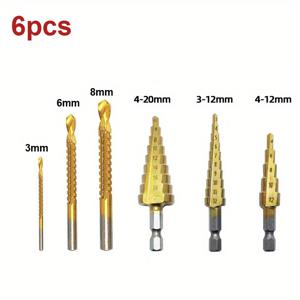 TEMU 6pcs 스텝 드릴 비트 세트, 티타늄 크롬 주철 커터 4 4-12 3-12mm 3 6 8mm, 목공 및 금속 코어 드릴링용