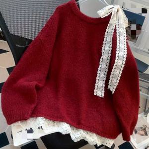 TEMU 정교한 레이스 패치워크와 리본 장식이 특징인 신상 가을/겨울 여성 패션. 미디 길이의 풀오버 스웨터 코트로, 스타일리시한 선택입니다.