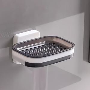 TEMU 1개 벽걸이형 이중층 비누받침대 - 무드릴 접착식, 오벌 플라스틱 욕실 정리함 서랍형 배수구 포함, 주방 & 욕실 카운터탑 수납용, 모던한 디자인, 내구성 강한 접착제, 세련된 스토리지, 아파트 생활에 적합