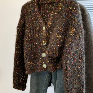 TEMU 여성용 빈티지 멀티컬러 타이다이 V넥 소프트 스웨터 코트 - 버튼 클로저, 플러시 칼라 & 루즈핏, 가을 겨울 레이어링용 브라운 베이스 (손세탁/드라이클리닝)