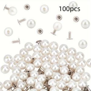 TEMU DIY 패션, 주얼리, 가방 및 신발용 6mm 라운드 플라스틱 버튼이 포함된 우아한 화이트 진주 리벳 세트 100개 - 내구성 있는 공예 키트, 의류용 진주 단추