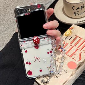 TEMU 폰케이스: 한국식 INS 귀여운 딸기 체리 리본 투명 폰케이스 + 럭셔리 블링 비즈 팔찌 세트, 갤럭시 Z 플립 6 5 4 3 여름 과일 러블리 걸 접이식 보호 백커버