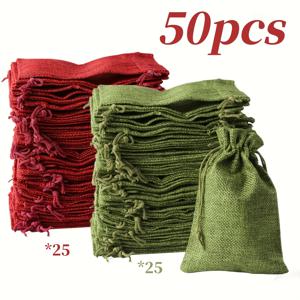 TEMU 50개 (25빨강 & 25초록) 천연 황마줄끈 선물백 - DIY 웨딩용품, 사탕, 초콜릿, 보석포장, 굿디백에 적합한 러스틱한 Rustic 가방, Goodie Bag, 튼튼한 드로우스트링 클로저, 핸드메이드룩, 내구성 있는 소재, 행사기획자, 크리스마스, 할로윈