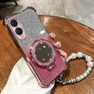 TEMU 폰 케이스: S 25 럭셔리 도금 충격 방지 네 모서리 두꺼운 글리터 카드 폰 케이스, 갤럭시 S25 호환, 미러 마그네틱 브래킷, 우아한 팔찌 체인, 소프트 TPU 백커버