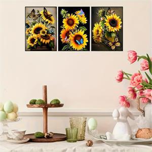 TEMU 3pcs 페인팅 세트, 세 가지 다른 - 해바라기와 나비 - 패턴, 5D/DIY 라운드 풀 프레임리스 아트워크, 가정용 거실, 침실, 연구실 및 기타 실내 공간 장식/걸이 페인팅, 가족 및 친구를 위한 우아한 공예 선물/ 크로스 스티치/축제 장식 좋음/ 페인팅 키트/꽃 메인