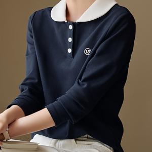 TEMU 여성용 편안하고 스타일리시한 긴팔 폴로 셔츠, 가을/겨울용 칼라 디자인.