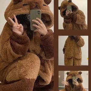 TEMU 여성용 동물 파자마, 후드 팬더 파자마, 신상 가을/겨울 코랄 두꺼운 플러시|잠옷|여성원피스|인견원피스