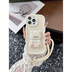 TEMU 휴대폰 케이스 - 순백색 대형 웨이브 폰 케이스, 곰돌이 거울 스탠드와 단색 손목 스트랩으로 세트되어 귀엽고 패셔너블하며 아이폰 11, 12, 13, 14, 15, 16 및 삼성 A51, A52, A53, A54, A55 등 다양한 폰 모델에 적합합니다.